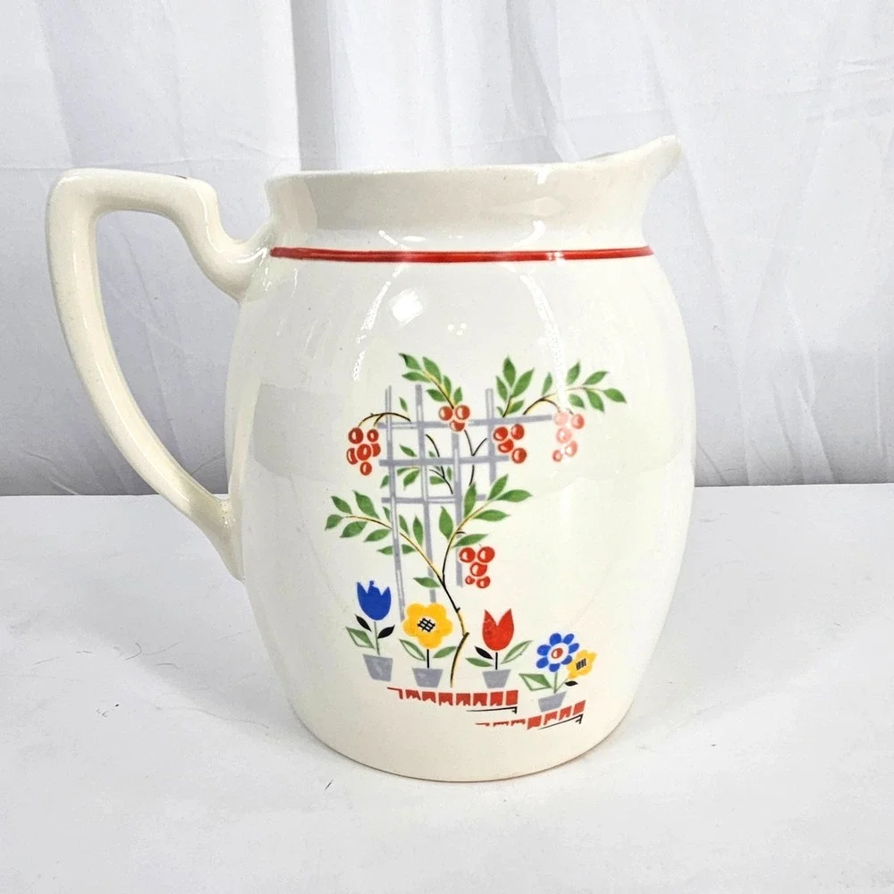 Vintage MCM Floral Trellis Pitcher Ivory Ceramic Water Jug 7